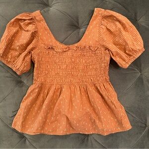 Madewell Bubble-Sleeve Smocked Peplum Top - Rust Floral Puff Sleeve Blouse - 4